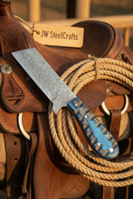 Load image into Gallery viewer, Western Bull Cutter 7” Knife – Damascus Ranch Blade with Blue Stabilized Handle &amp; Sheath