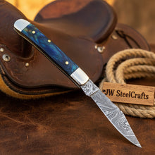 Load image into Gallery viewer, Custom Damascus Trapper Folding Knife – Blue Pakka Wood