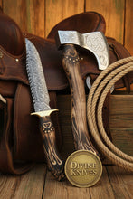 Load image into Gallery viewer, Wolf Head Damascus Bowie Knife with Matching Celtic Tomahawk Axe
