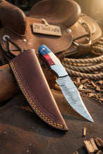Load image into Gallery viewer, Damascus Camping Knife Fixed Blade USA Flag Resin Handle Outdoor Utility Knife with Sheath