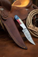 Load image into Gallery viewer, Damascus Camping Knife Fixed Blade USA Flag Resin Handle Outdoor Utility Knife with Sheath