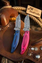 Load image into Gallery viewer, Persian Damascus Folding Knife Set 7” opened Pink &amp; Blue Pakka Wood EDC Blades