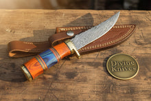 Load image into Gallery viewer, Multi Color Wood Damascus Knife with Brass Bolster Detailing