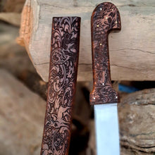 Load image into Gallery viewer, Bone Handle Damascus Knife with Handcrafted Tooled Sheath