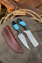 Load image into Gallery viewer, Handmade Damascus Skinner 7”–8” Knife Set Cowboy Ranch Blades Turquoise Handle with Sheath