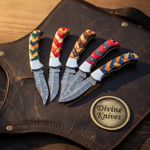 Load image into Gallery viewer, Damascus Chevron Wood Pocket Knife Set for Everyday Carry