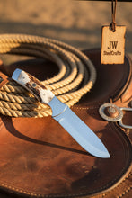 Load image into Gallery viewer, Drop Point Bushcraft Knife 10” – Polished Steel Blade with Natural Stag Handle