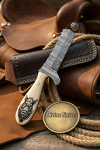 Load image into Gallery viewer, Scrimshaw Camel Bone Bull Cutter with Hand Engraved Bone Handle
