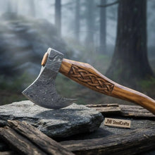 Load image into Gallery viewer, Hand Forged Damascus Bearded Viking Axe, Carved Rosewood Handle Nordic Bushcraft Hatchet | JW SteelCrafts