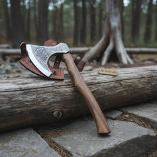 Load image into Gallery viewer, Norse Pattern Acid Etched Bushcraft Belt Viking Bearded Axe with Leather Carry Sheath