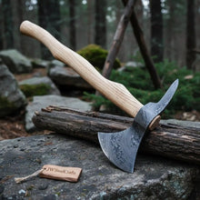 Load image into Gallery viewer, Damascus Camping Axe with 22 Inch Ash Handle – Hand Forged Bushcraft Axe with Leather Sheath | JW SteelCrafts