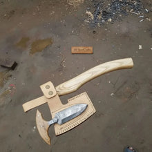 Load image into Gallery viewer, Handmade Damascus Steel Viking Axe and Matching Knife Set with Ash Wood Handle and Leather Sheath