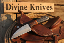 Load image into Gallery viewer, Copper Banded Two-Tone Wood Damascus Clip Point Hunting Knife