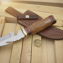 Load image into Gallery viewer, Brass Guard Damascus Gut Hook Knife with Multi Ring Wood Handle