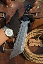 Load image into Gallery viewer, Handmade Damascus Tracker Knife 12” Sawback Blade Survival Knife Black resin Handle &amp; Sheath