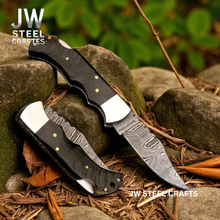 Load image into Gallery viewer, American Flag Damascus Folding Hunter with Ram Horn Handle