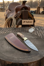 Load image into Gallery viewer, Handmade Damascus Field Knife 8” Bushcraft Knife Wood Handle with Leather Sheath