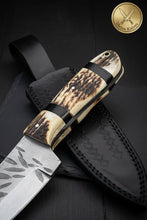 Load image into Gallery viewer, Stag Horn Cowboy Hunter Knife with Leaf Textured Spine
