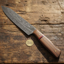 Load image into Gallery viewer, Redline Damascus Gyuto Knife with Wood Grain Blade and Red Accent Handle