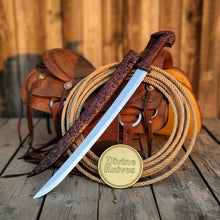 Load image into Gallery viewer, Bone Handle Damascus Knife with Handcrafted Tooled Sheath