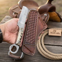 Load image into Gallery viewer, Finger Loop Prairie Bull Cutter 6.5" Handmade Damascus Steel Leather Crossdraw