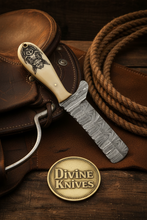 Load image into Gallery viewer, Scrimshaw Camel Bone Bull Cutter with Hand Engraved Bone Handle