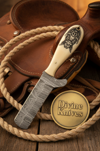 Load image into Gallery viewer, Scrimshaw Camel Bone Bull Cutter with Hand Engraved Bone Handle