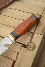 Load image into Gallery viewer, Colorful Spacer Ring Damascus Knife with Natural Tan Wood Handle