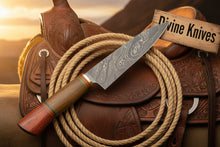 Load image into Gallery viewer, Red and Green Ring Accented Damascus Knife with Wood Tag