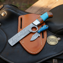 Load image into Gallery viewer, Turquoise Damascus Bull Cutter &amp; Skinner Set with Leather Sheath