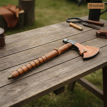 Load image into Gallery viewer, Damascus Pipe Axe 19 Inch Ash Wood Handle | Hand Forged Tomahawk Smoking Axe | JW SteelCrafts