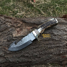 Load image into Gallery viewer, Damascus Gut Hook Skinning Knife – Stag Horn Handle