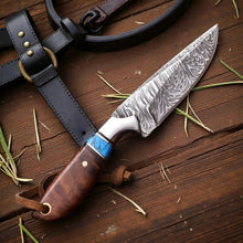 Load image into Gallery viewer, Damascus Cowboy Hunting Knife | Rosewood Handle | Pancake Sheath