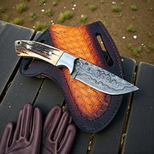 Load image into Gallery viewer, Damascus Cowboy Knife | Antler Handle | Pancake Leather Sheath
