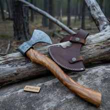 Load image into Gallery viewer, Hand Engraved Norse Viking Bearded Axe with Damascus Steel Blade and Carved Hardwood Handle | JW SteelCrafts