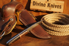 Load image into Gallery viewer, Copper Banded Two-Tone Wood Damascus Clip Point Hunting Knife