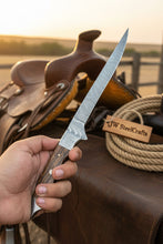Load image into Gallery viewer, Handmade 13 Inch Overall Damascus Steel Fillet Knife –  Full Tang Fishing Knife with Hardwood Handle and Leather Sheath.