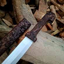 Load image into Gallery viewer, Bone Handle Damascus Knife with Handcrafted Tooled Sheath