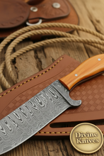 Load image into Gallery viewer, Turquoise Ridge Damascus Bull Cutter with Dual Tone Wood Handle