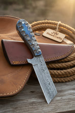 Load image into Gallery viewer, Western Bull Cutter 7” Knife – Damascus Ranch Blade with Blue Stabilized Handle &amp; Sheath
