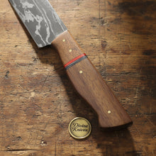 Load image into Gallery viewer, Redline Damascus Gyuto Knife with Wood Grain Blade and Red Accent Handle