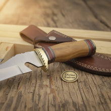 Load image into Gallery viewer, Brass Guard Damascus Gut Hook Knife with Multi Ring Wood Handle