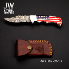 Load image into Gallery viewer, American Flag Damascus Folding Hunter with Ram Horn Handle