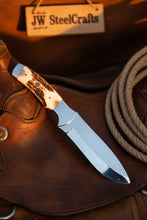 Load image into Gallery viewer, Drop Point Bushcraft Knife 10” – Polished Steel Blade with Natural Stag Handle