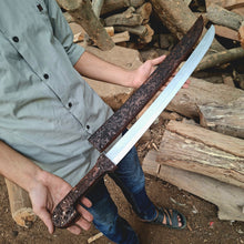 Load image into Gallery viewer, Bone Handle Damascus Knife with Handcrafted Tooled Sheath