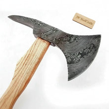 Load image into Gallery viewer, Damascus Camping Axe with 22 Inch Ash Handle – Hand Forged Bushcraft Axe with Leather Sheath | JW SteelCrafts