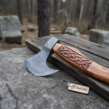 Load image into Gallery viewer, Hand Forged Damascus Bearded Viking Axe, Carved Rosewood Handle Nordic Bushcraft Hatchet | JW SteelCrafts