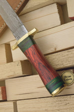 Load image into Gallery viewer, Minimalist Dark Wood Damascus Knife with a Single Green Ring Detail