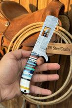 Load image into Gallery viewer, Damascus Bull Cutter Knife Multi-Color Rainbow Resin Handle, Christian Cross Blade Engraving, Steel Bolster &amp; Lanyard Hole