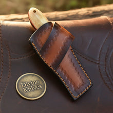 Load image into Gallery viewer, Turquoise &amp; Bone Rasp Bull Cutter Knife with Tooled Leather Sheath